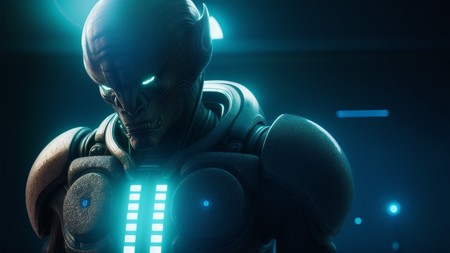 close up of a robot in a dark room with blue lights