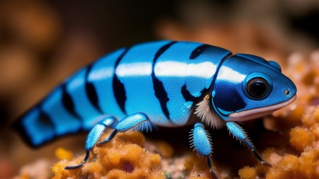 close up of a blue and black bug on a coral reef
