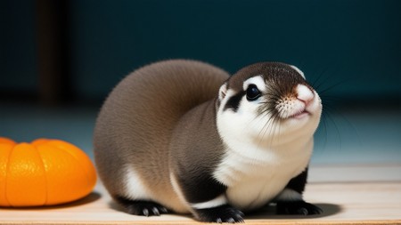 close up of a small animal on a table next to an orange