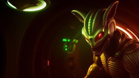 close up of a creature in a dark room with green and red lights