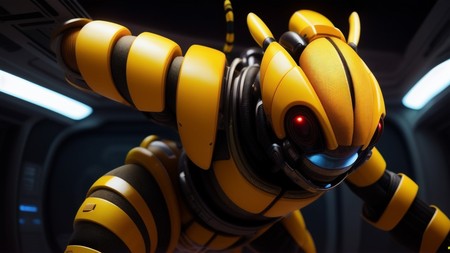 yellow and black robot standing in a dark room with lights on