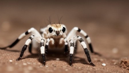 spider with black and white stripes on its legs sitting on the ground