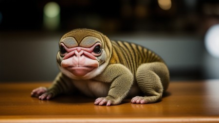 close up of a gecko on a table with a blurry background