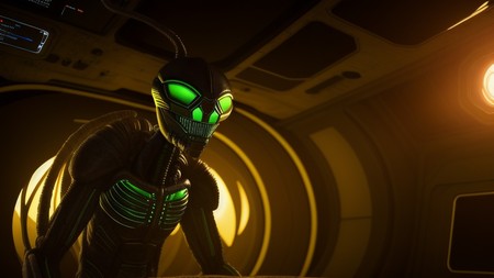 an alien looking creature with glowing green eyes in a space station environment