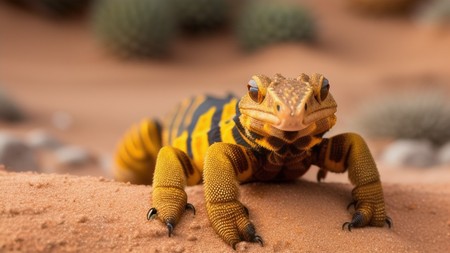 yellow and black lizard sitting on top of a sandy ground next to plants