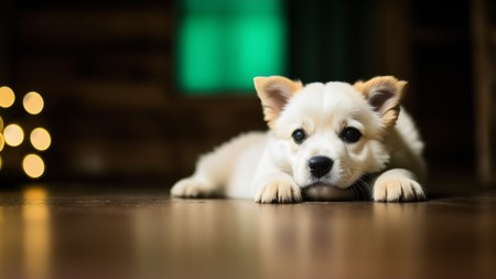 small white dog laying on top of a wooden floor next to a window