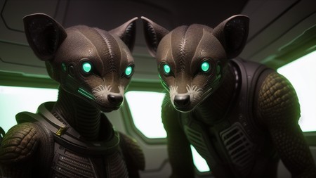 couple of animals with glowing eyes standing next to each other in front of a window