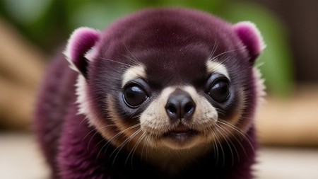 close up of a small animal with a purple coat and big eyes