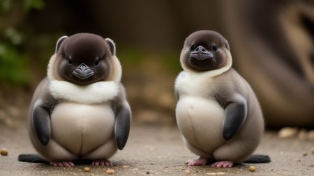 couple of little penguins standing next to each other on a street