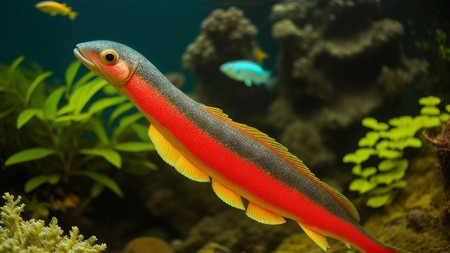 red and gray fish in an aquarium with plants and other fish