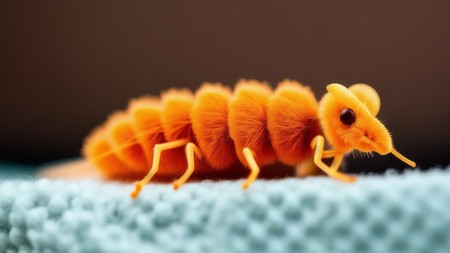 an orange caterpillar sitting on top of a blue blanket on a table