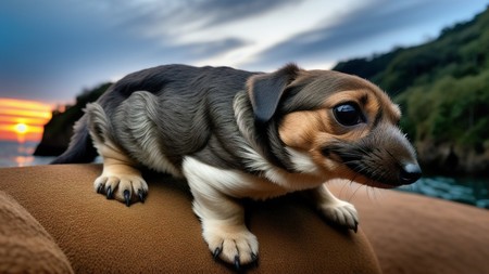 dog sitting on top of a couch next to a body of water