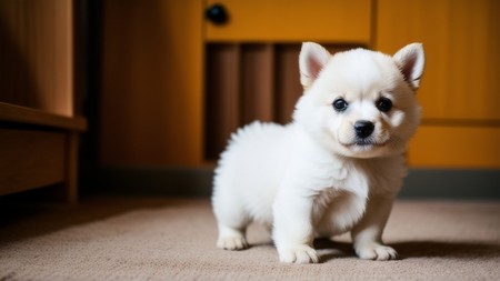 small white puppy standing on a carpeted floor next to a wooden cabinet