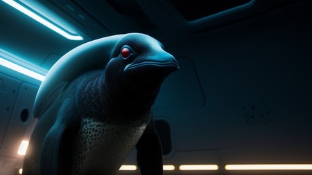 close up of a penguin in a room with a light on