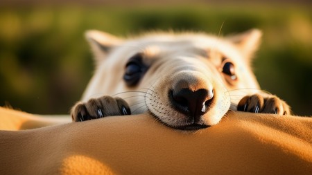 close up of a dog's face peeking over a blanket