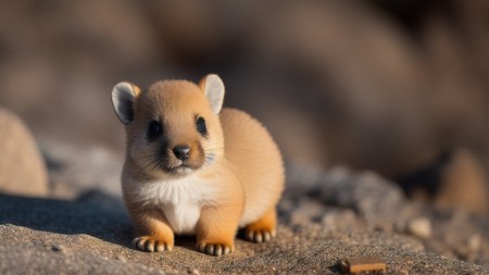 small animal sitting on top of a sandy ground next to rocks