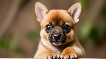 small brown dog with blue eyes and a black nose is looking at the camera