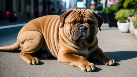 large brown dog laying on top of a street next to potted plants