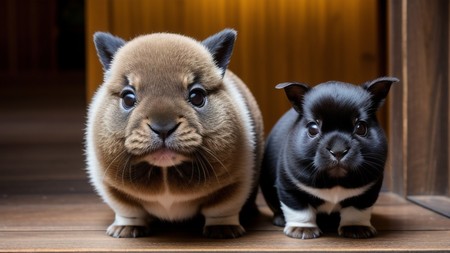 couple of rabbits standing next to each other on a wooden floor