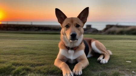 dog sitting in the grass with the sun setting in the background