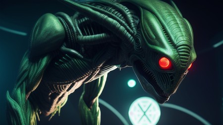 close up of an alien with red eyes and a black background