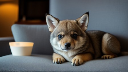 small dog sitting on top of a couch next to a cup