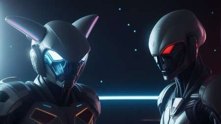 two sci - fi characters with glowing eyes standing next to each other