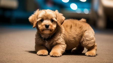 small brown puppy is sitting on the floor looking at the camera