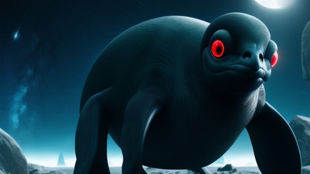 black creature with red eyes standing on a rock under a full moon