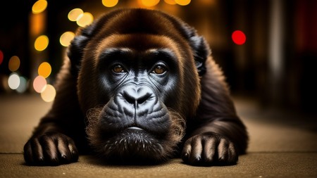 close up of a gorilla laying on the ground with lights in the background