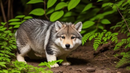 small gray and white wolf standing in the woods with green plants