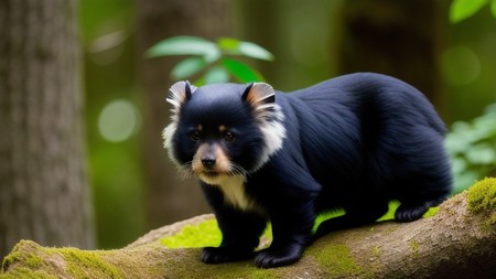 small black animal standing on top of a tree branch in a forest