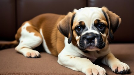 brown and white dog laying on top of a brown couch next to a window