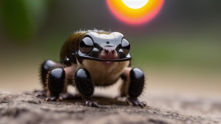 close up of a small animal on a dirt ground with a sun in the background
