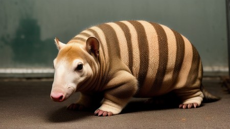 striped armadillo standing on the floor in front of a wall