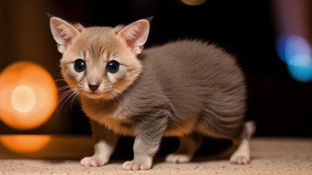 small kitten with big eyes standing on a table in front of some lights