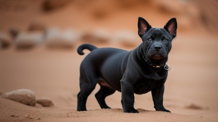 small black dog standing on top of a sandy beach next to rocks